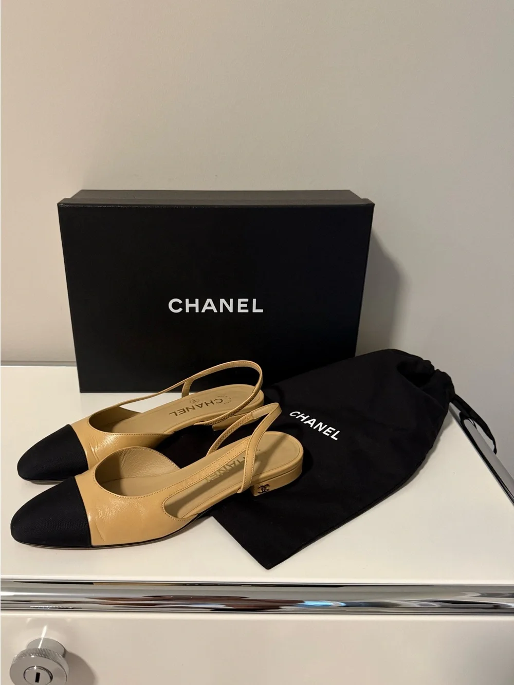 CHANEL Beige & Black Slingbacks